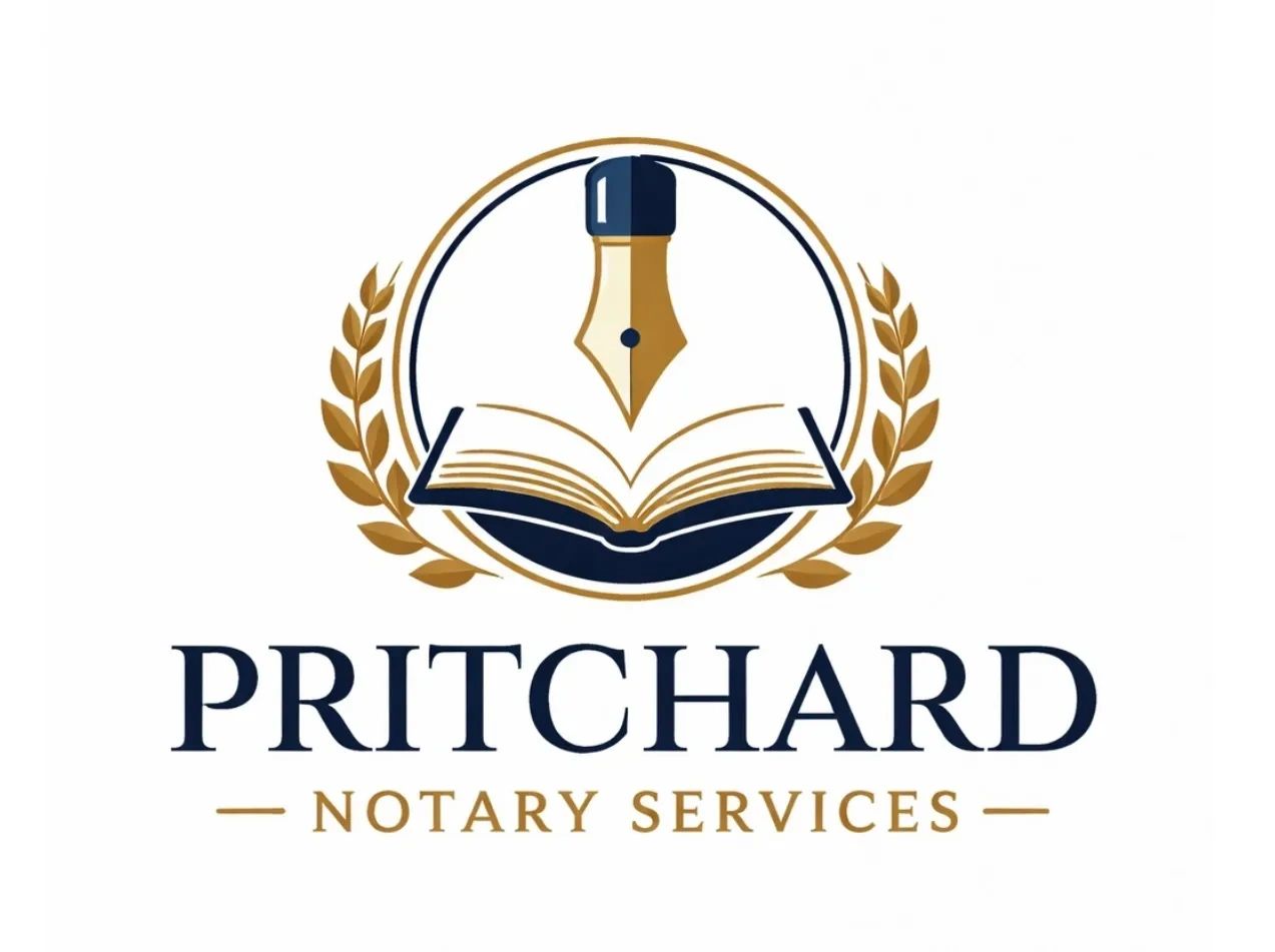Logo for Pritchard Notary Services with pen nib and open book.