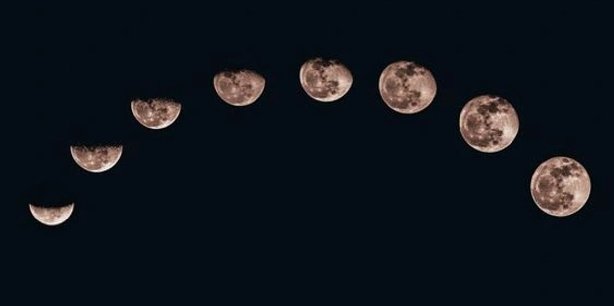 Moon phases from the new moon to the full moon.