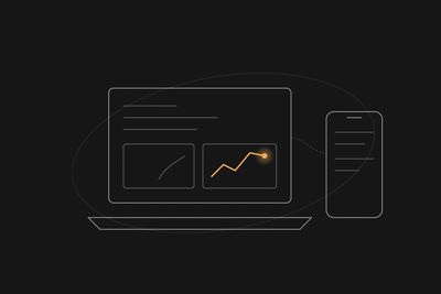 Ilustração de notebook e celular com painel de dados, plataforma tech Kawork.in