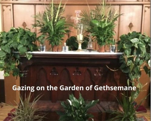 An altar decorated with plants and candle holders.