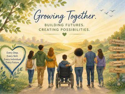 Group walking together with message on growth and future.