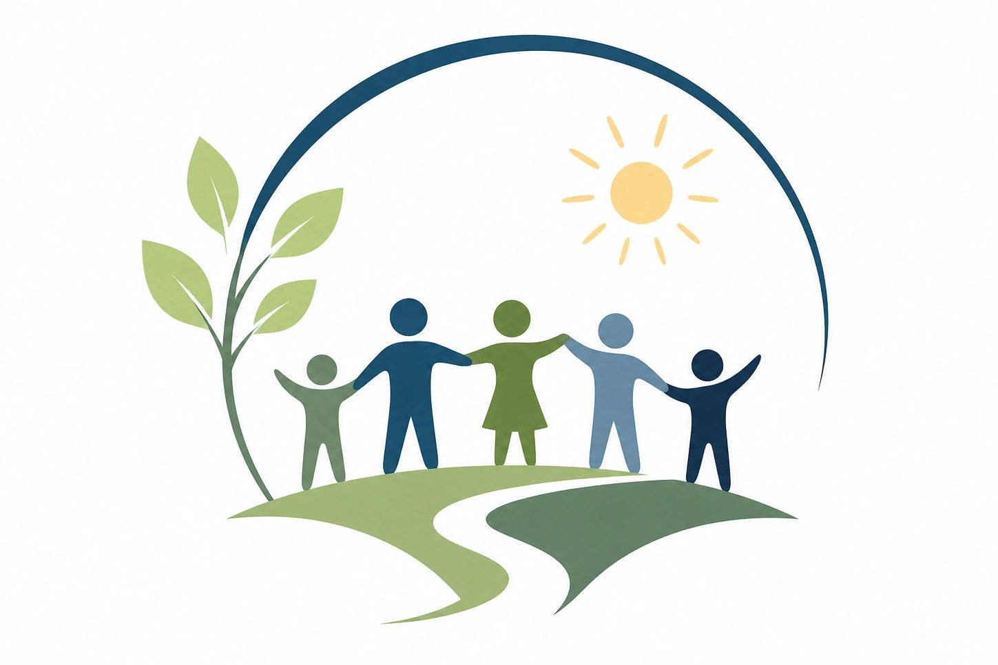 Illustration of five people holding hands outdoors under the sun.