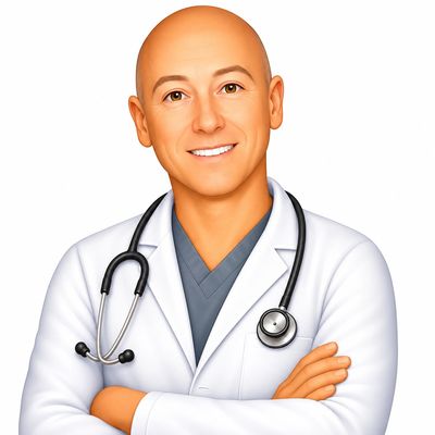 Illustration of a confident bald male doctor with a stethoscope and white coat.