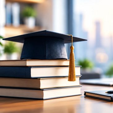 Graduation cap on stacked books.