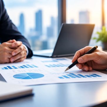 Business meeting analyzing financial charts and data.