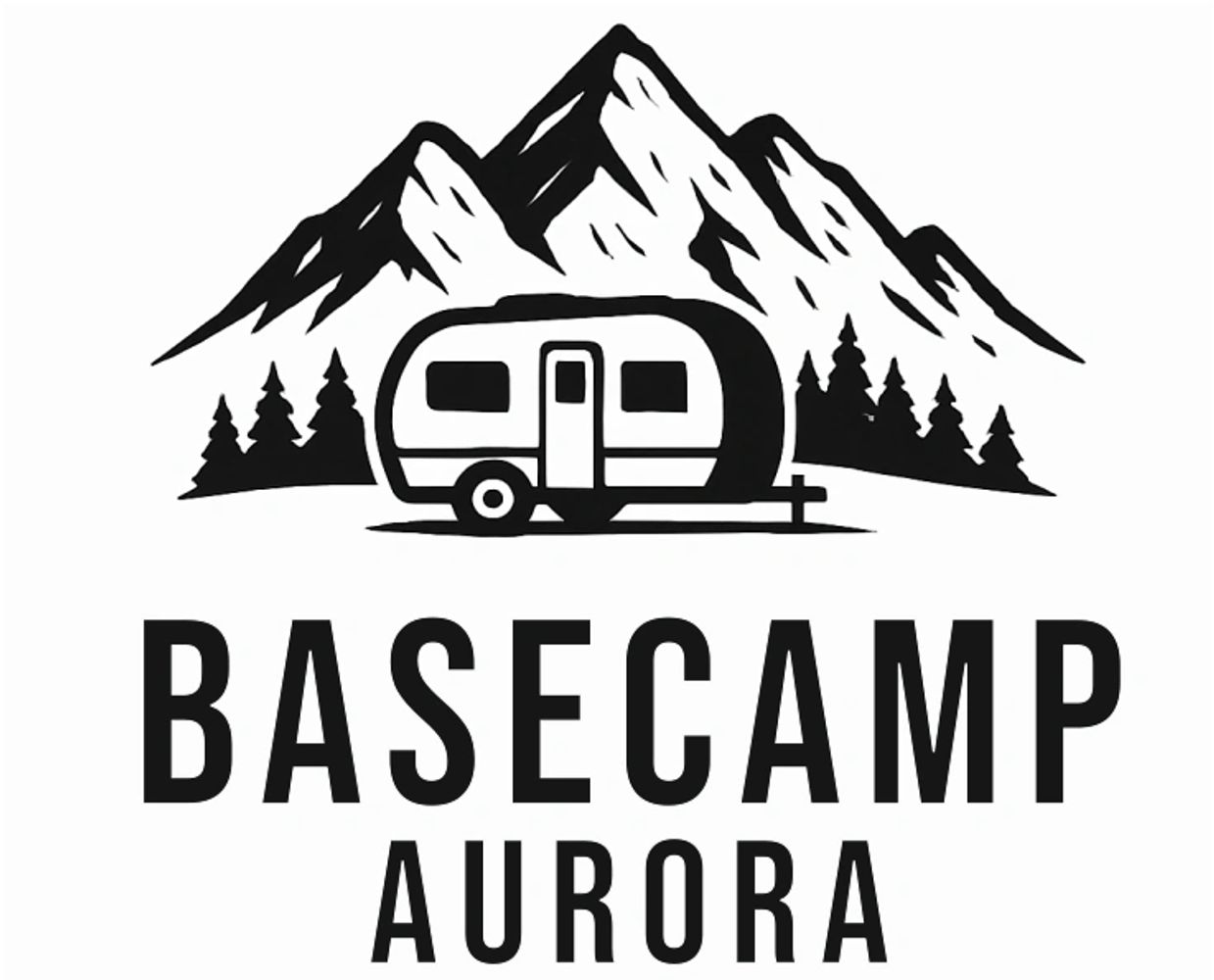 Logo of Basecamp Aurora featuring mountains, trees, and a camper.