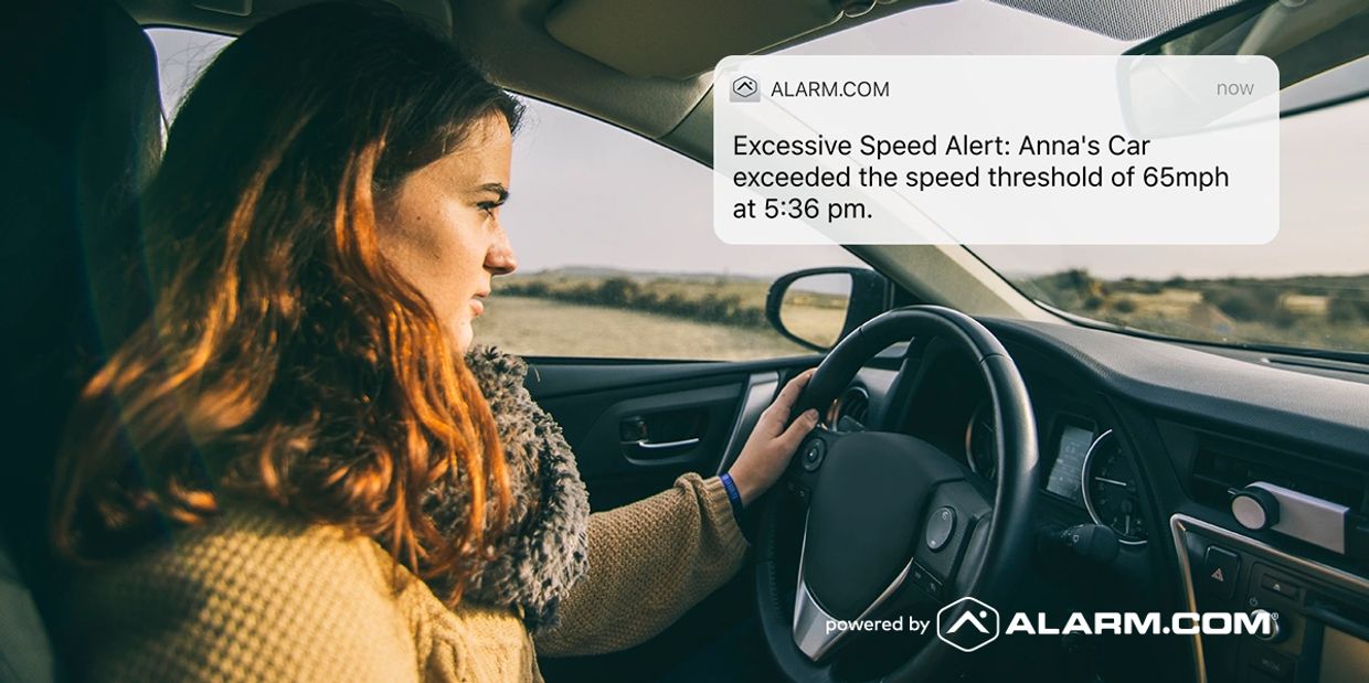 Notifications of a teenager or new driver speeding alert with alarm.com car connector