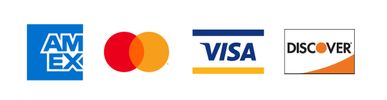 Logos of four major credit card companies: Amex, Mastercard, Visa, and Discover.
