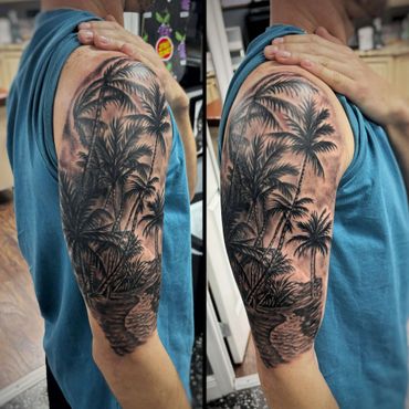 black and grey florida palm tree beach scene tattoo tattoos piercings near me fyp tattoo shop