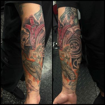 best mechanic tattoo design and tattoo artist in fort myers!! turbo charger pinup girl tools cars