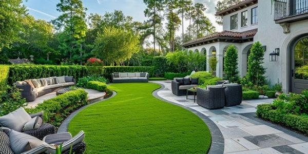 Luxurious backyard with modern outdoor seating and lush greenery.