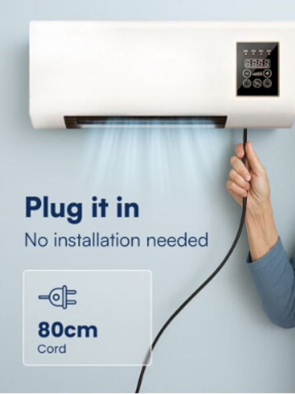 Air conditioner with plug-in feature and 80cm cord.