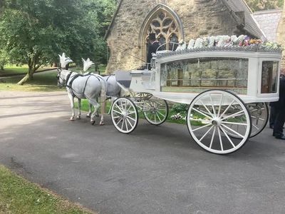 White horse-drawn funeral carriage outside a stone church.