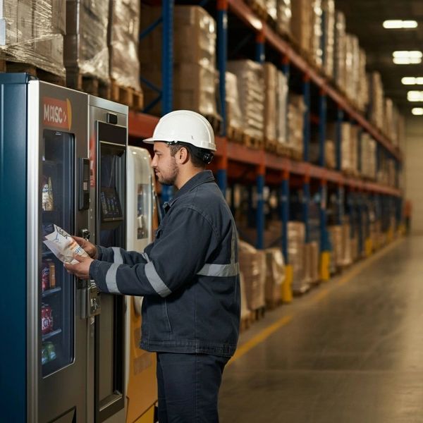 Warehouse worker buying from a mini-market.