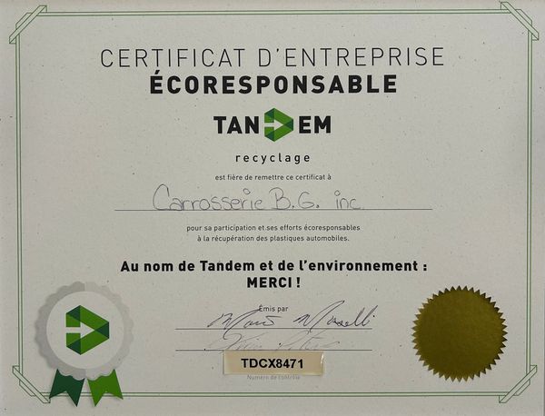 Certificat d'entreprise écoresponsable pour Carrosserie B.G. inc.