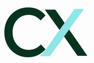 Logo with letters CX, featuring a light blue diagonal X.