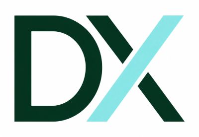 Logo with letters D and X, featuring a turquoise diagonal slash.