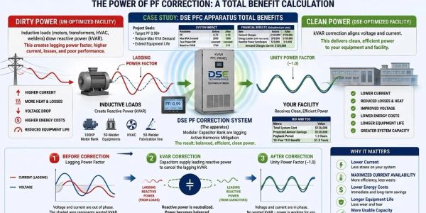 Diagram explaining PF correction benefits and effects on power efficiency.