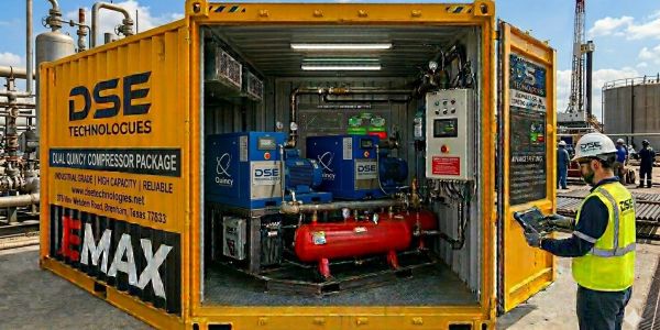 Industrial compressed air system inside a yellow DSE Technologies container.