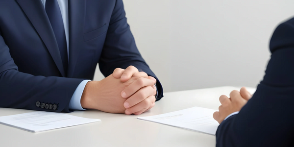 Two men in suits engaged in a formal meeting with documents on the table.