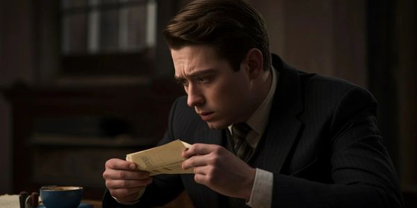 Man in suit intently reading a document at a dimly lit table.
