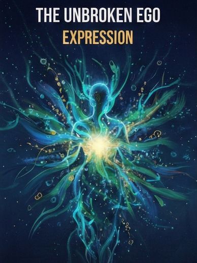 Abstract art depicting a glowing human figure radiating energy, titled 'The Unbroken Ego Expression'.