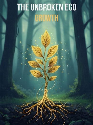 A glowing golden plant with roots in a mystical forest, captioned 'The Unbroken Ego Growth.'