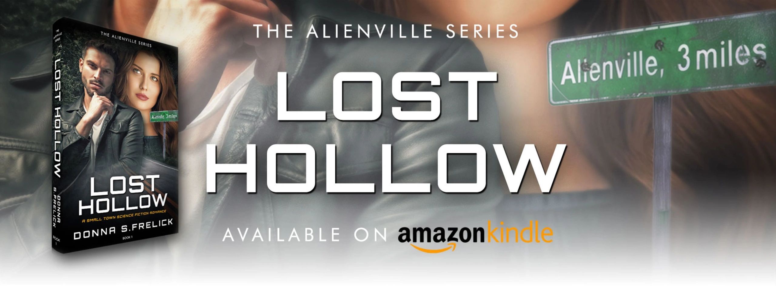 A man and a woman beside a signpost on a lonely country road. Book title is Lost Hollow.