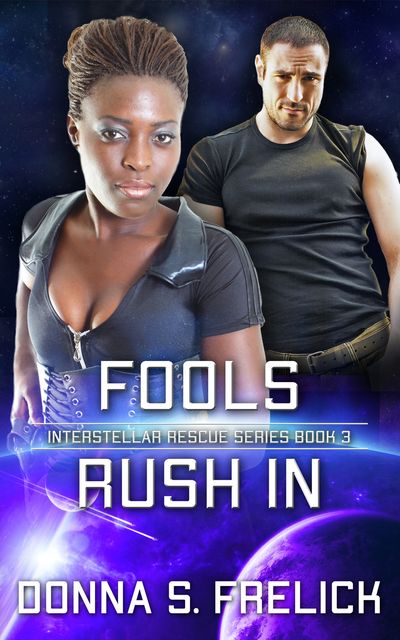 Fools Rush In cover with Black woman in front, man in back. Dark color with bright blue highlights