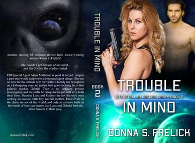 Trouble in Mind cover with woman with gun in front, man in back, dark color with green highlights