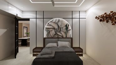 Modern bedroom with a decorative arch and leaf-patterned wall art.