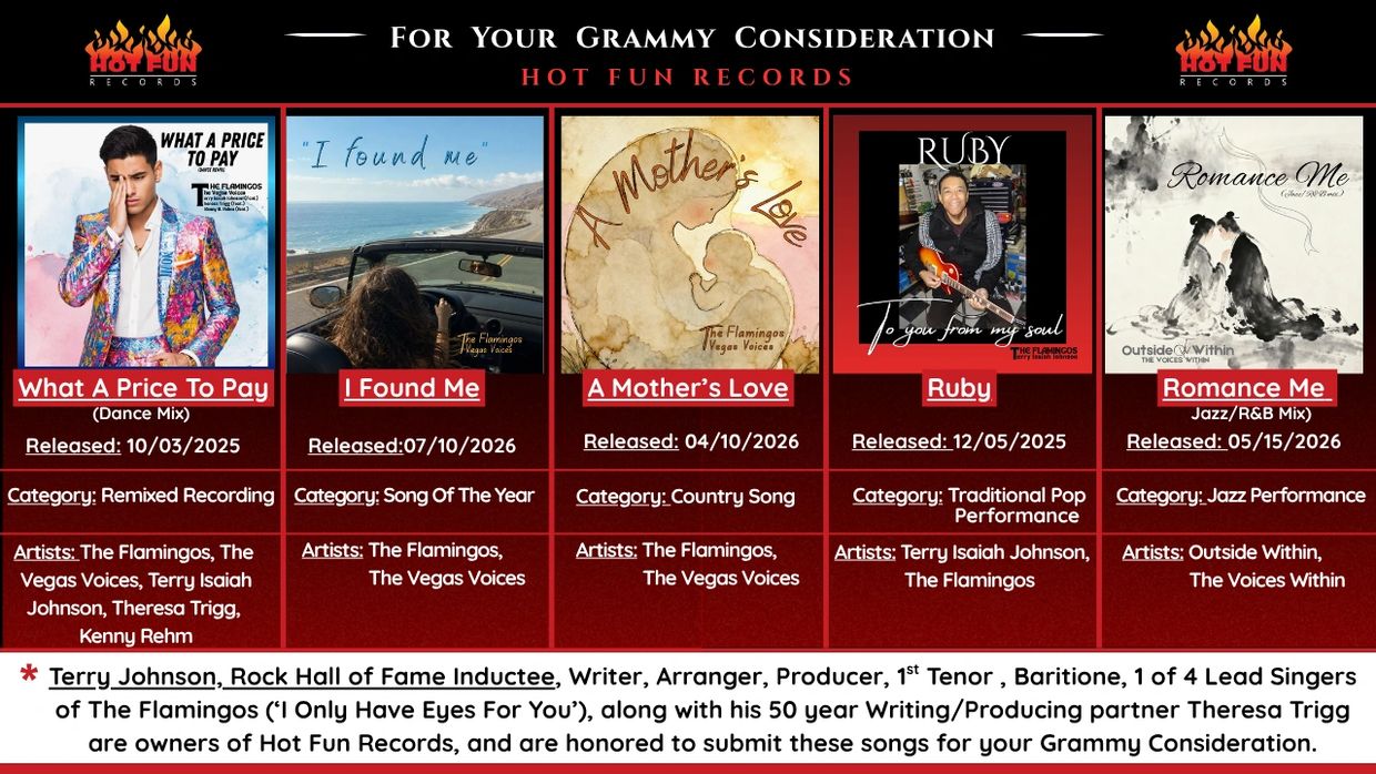 Grammy consideration poster for Hot Fun Records highlighting five songs and artists.