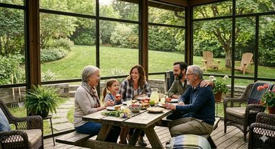 Family enjoying a meal together outdoors on a patio.