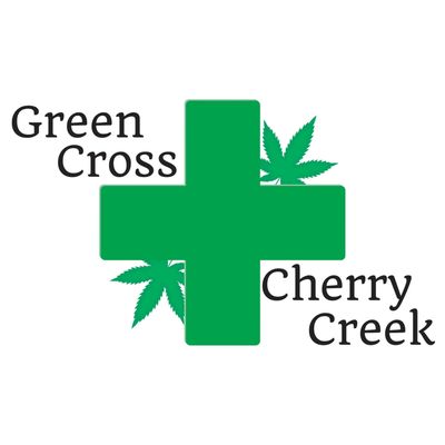 Logo with green medical cross and cannabis leaves.