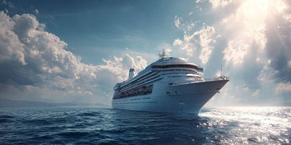 A large cruise ship sails on a calm ocean under a bright sun and cloudy sky.