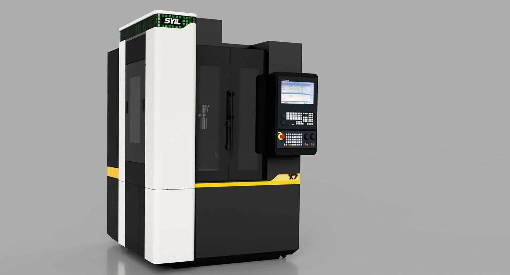 Modern CNC milling machine with digital control panel in black, white, and yellow.