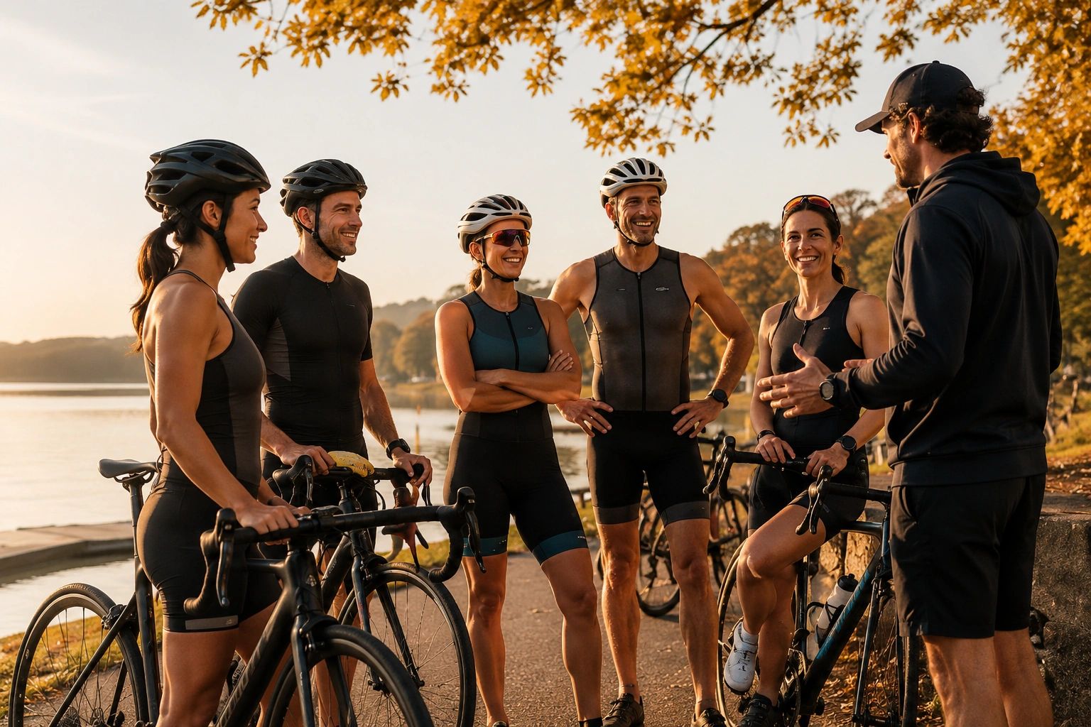 Group of cyclists chatting outdoors near a lake during sunset.