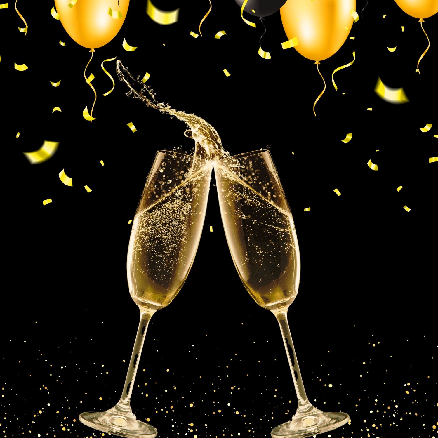 Celebrating New Year's Eve and the New Year with Champagne glasses toasting, confetti, and balloons.