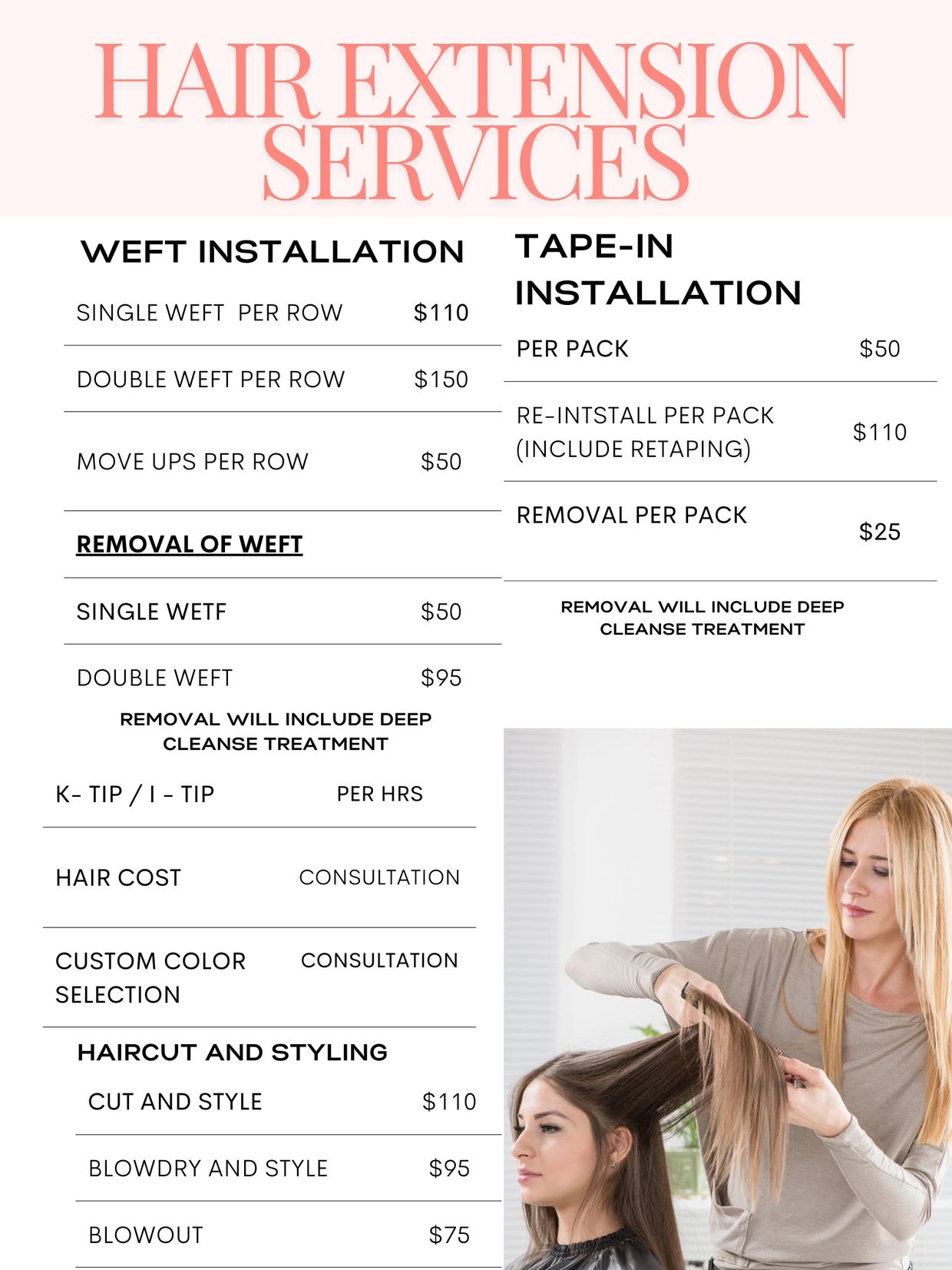 Hair extension pricing menu.