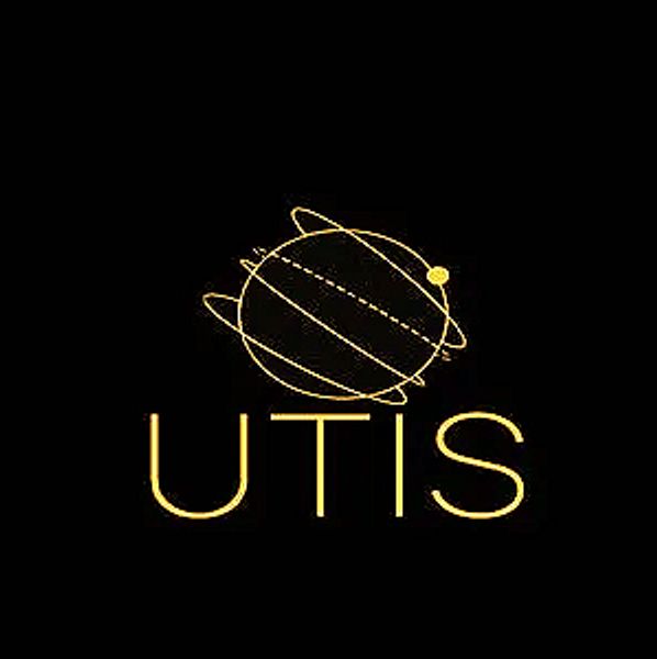 Minimalist logo with a golden planet and orbit lines above the text 'UTIS' on a black background.