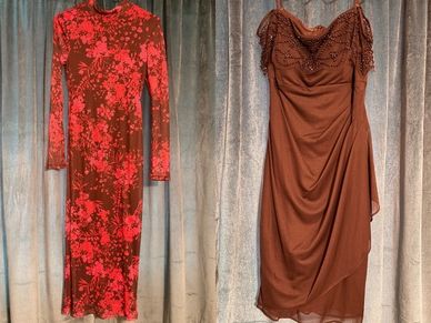 Two elegant brown dresses, one floral and one beaded.