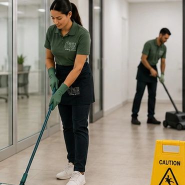 Two janitors cleaning a hallway with wet floor caution sign.