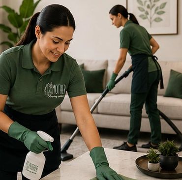 Two professional cleaners tidying a modern living room with plants and a sofa.