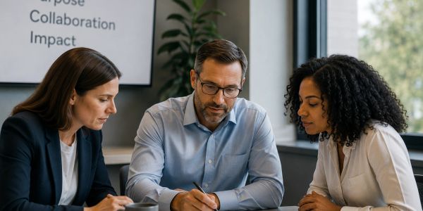 Three professionals collaborating at a table in an office.