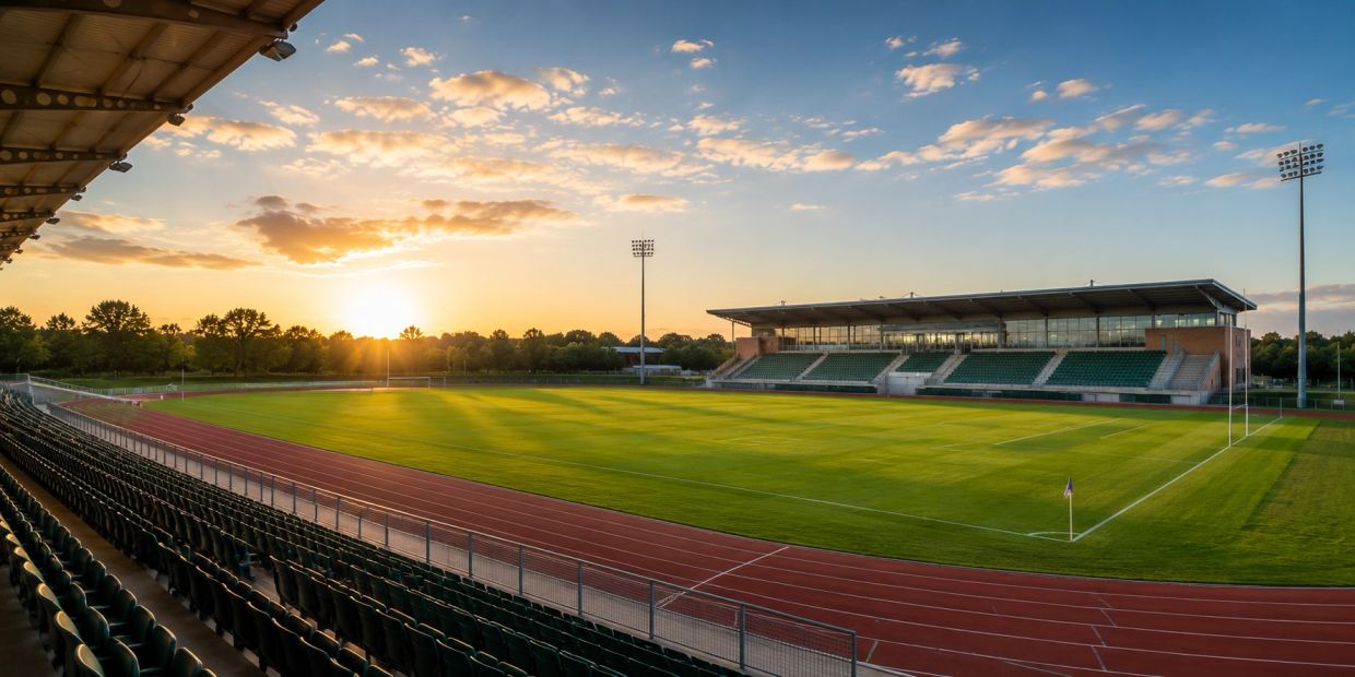 Empty sports stadium at sunset with a running track and green field.