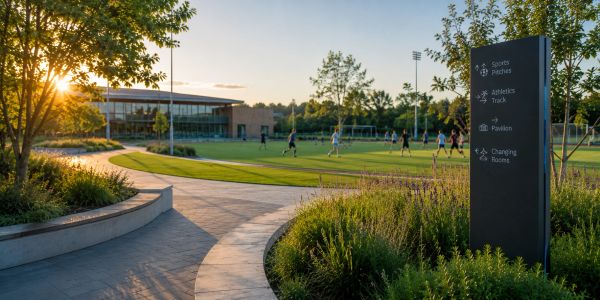 People playing sports on a field near a modern building at sunset.