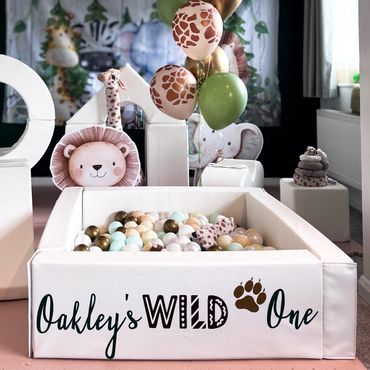 Safari-themed soft play, hire at Littlehampton, first birthday celebration with balloons.