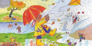 A bunny holds a kite in the rain. The background depicts the four seasons, mice play in each season.