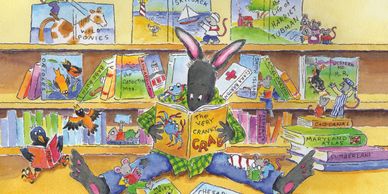 Bunny reads a book in a library. Mice act out famous books while birds look on.