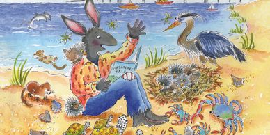 Bunny at the beach with other animals, reading